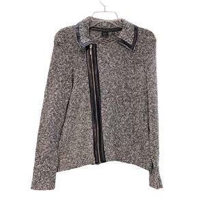 Black Saks Fifth Avenue Asymmetrical Zip Up Boucle Blazer Jacket Gray Womens M